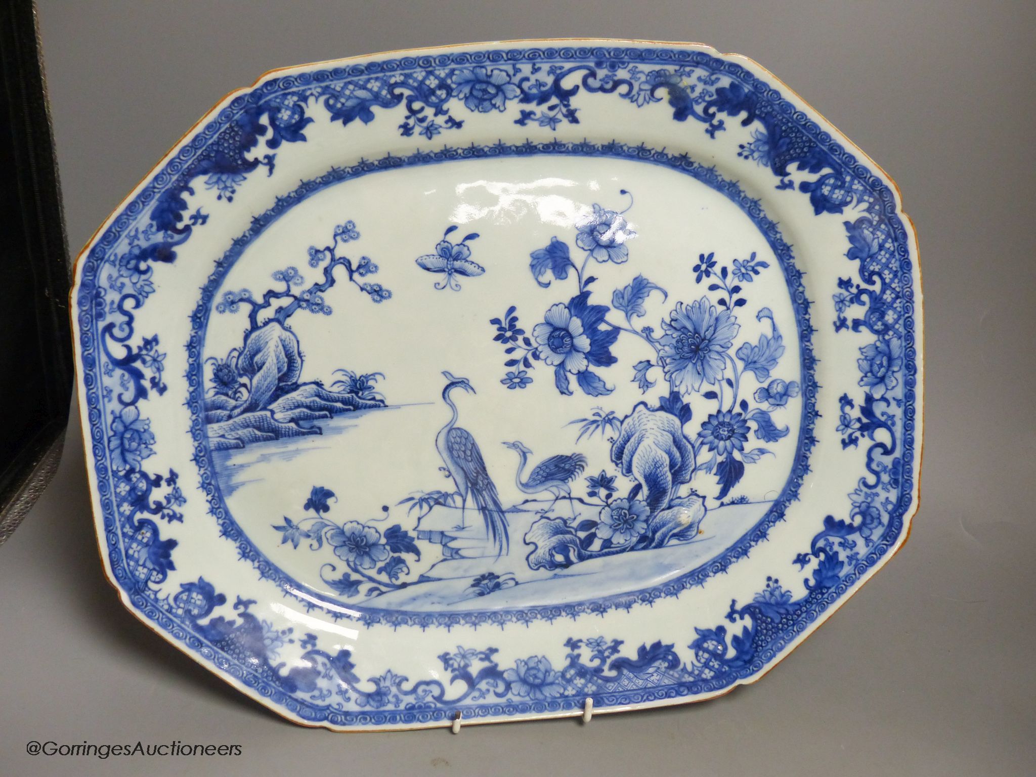 Two 18th century Chinese export blue and white meat dishes, largest 43cm